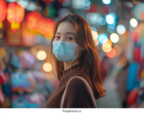 Portrait of a young woman wearing a mask in a crowded Asian night market