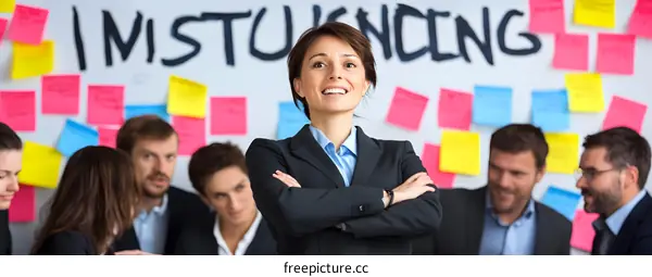 Confident Businesswoman Leading Team Meeting With Sticky Notes on Wall