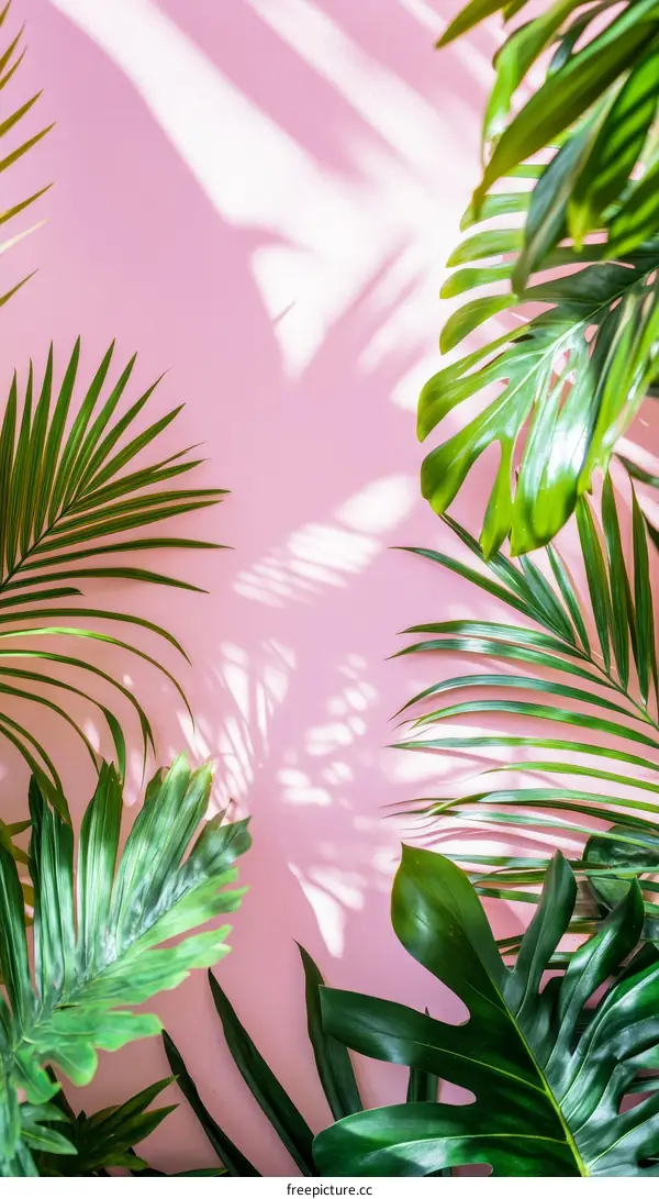 Pink Background with Tropical Leaves