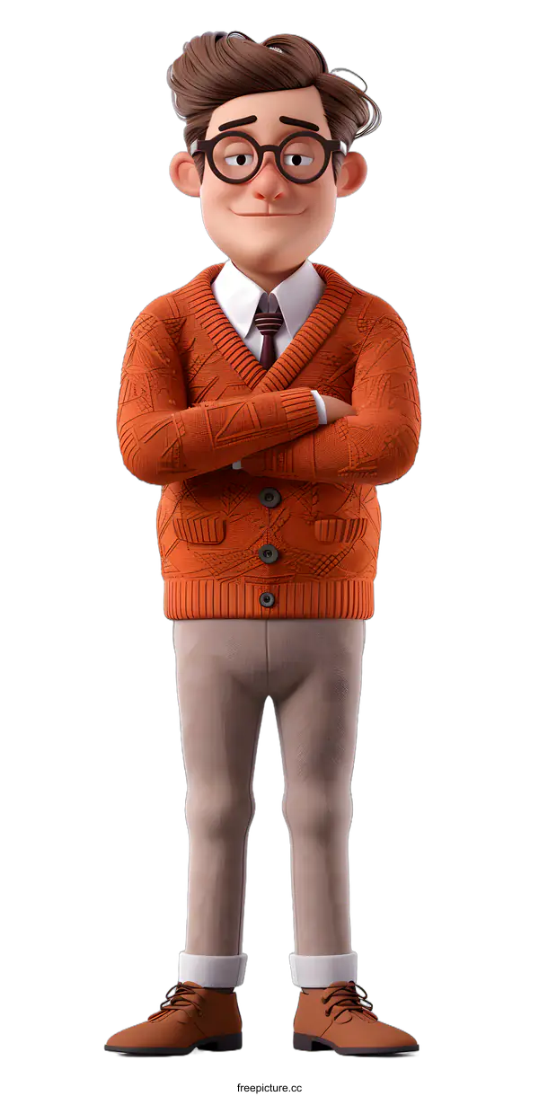 [Transparent Background PNG]Cartoon Man with Orange Sweater and Glasses