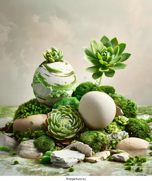 Green Succulents with Moss and Stone Arrangement