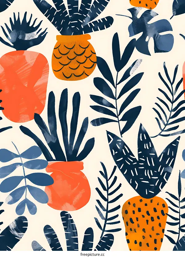 Seamless Pattern With Plants And Tropical Leaves