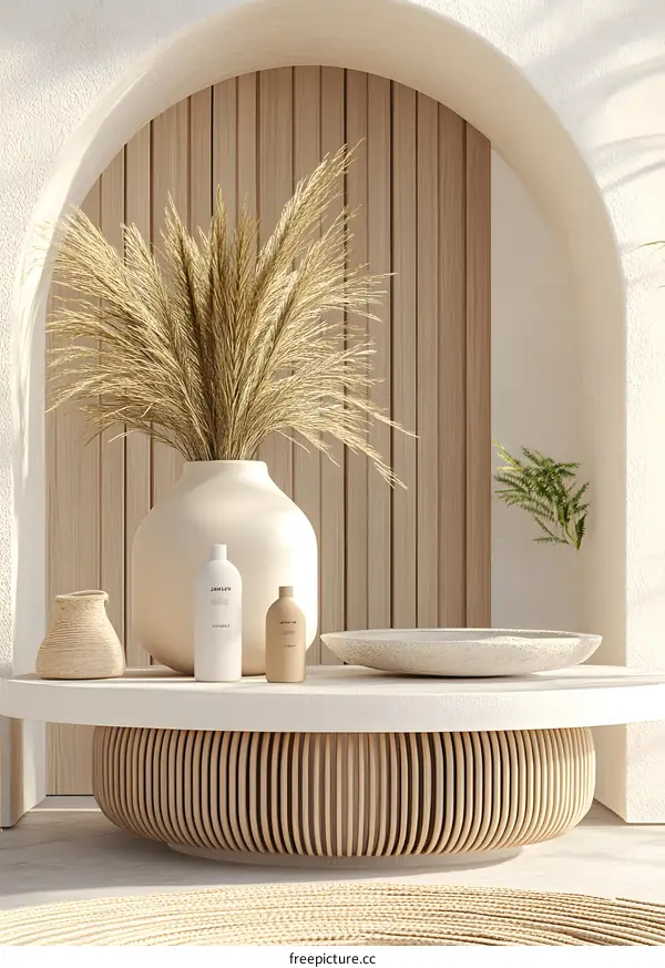 Minimalist Design with Pampas Grass and Wooden Table