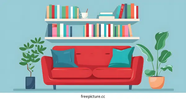 Living Room with Red Sofa and Bookshelf
