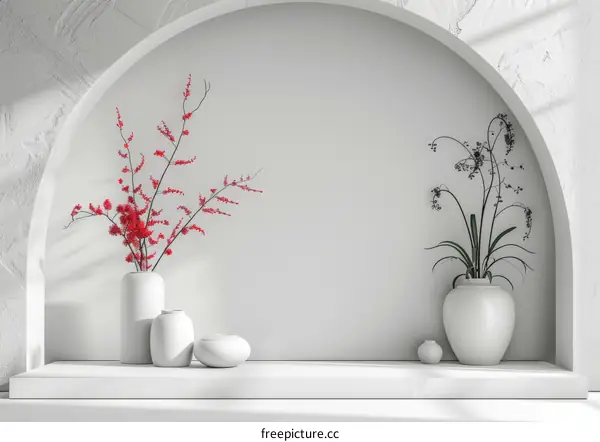 Vases and plants in a white arched space