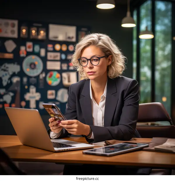 Businesswoman in suit jacket using laptop and smartphone in office