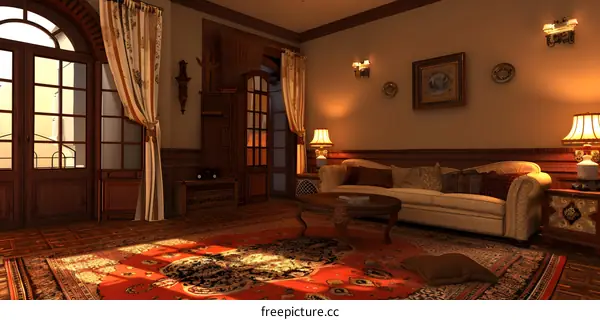 Elegant Living Room Interior Design with Red Rug and Warm Lighting