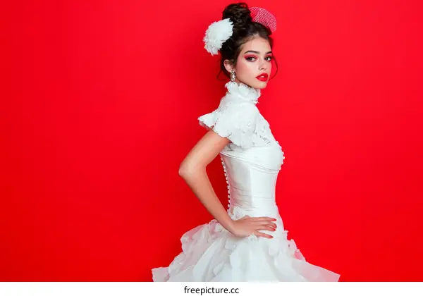 Elegant Woman in a Vintage Wedding Dress against Red Background