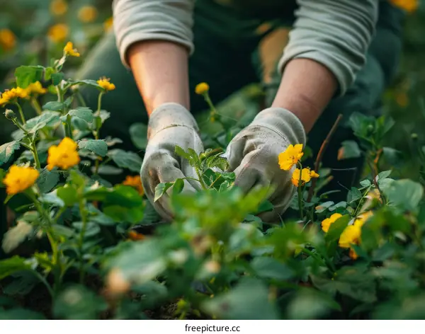 Close-up of a gardener's hands planting a flower seedling in the garden soil