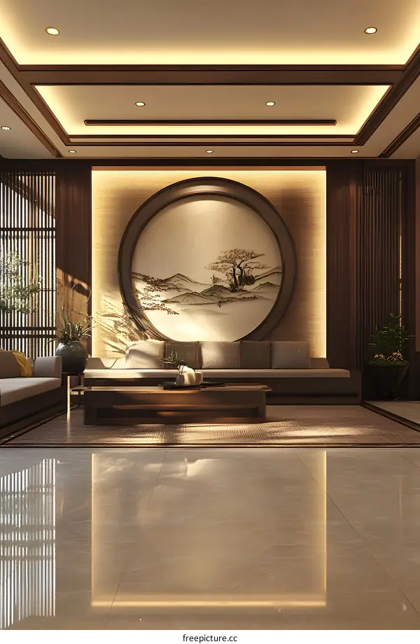 Modern Chinese Style Living Room Interior Design With Round Circle Wall Art