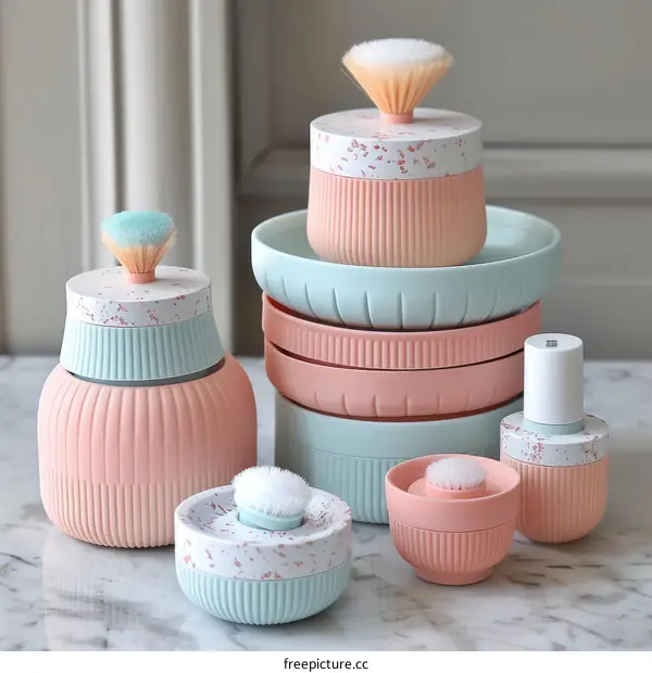 A set of cosmetic containers made of ceramic in pastel colors