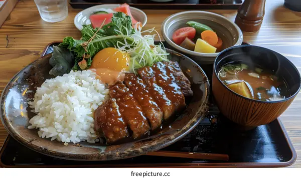 A delicious Japanese meal with rice, pork, vegetables and miso soup