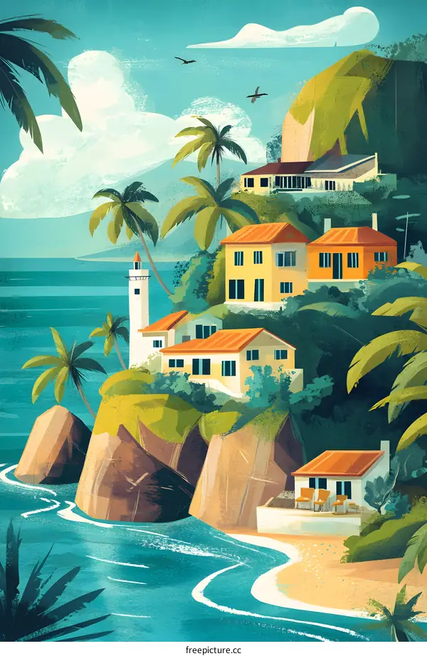 Tropical Island Lighthouse Palm Trees Beach