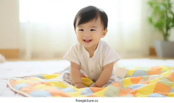 Asian baby boy sitting on a colorful blanket and smiling