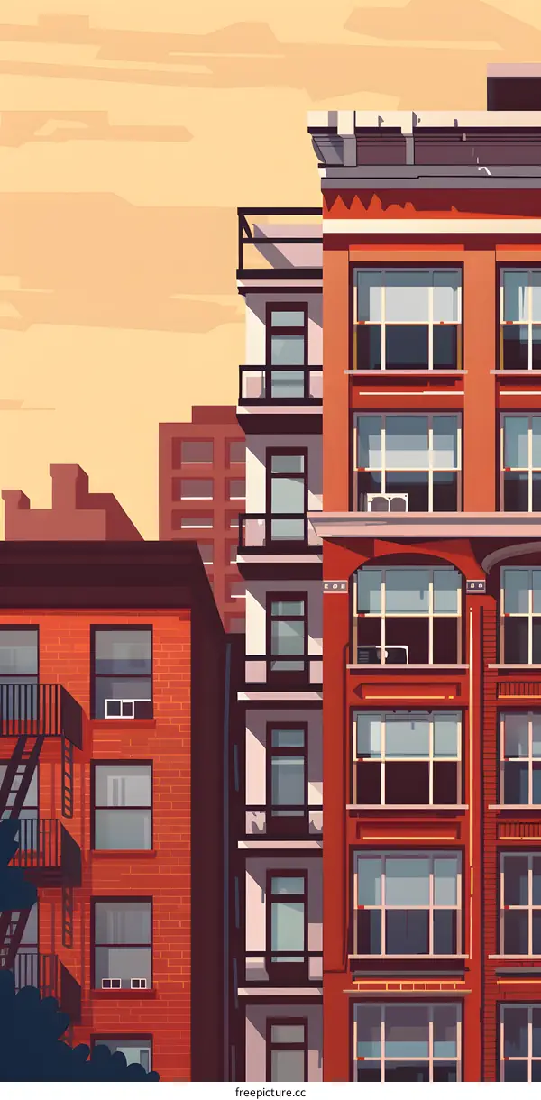 Sunset Cityscape with Brick Buildings