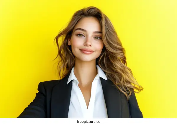 Young Woman in Business Suit Against Yellow Background