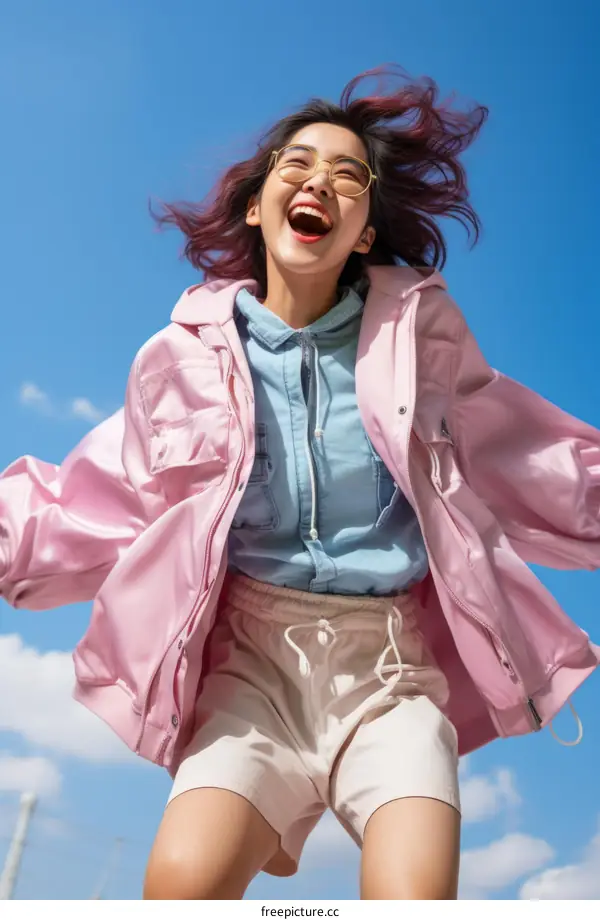 Cheerful Asian woman jumping with joy against blue sky
