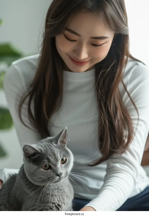 A young woman is sitting on a couch with a gray cat