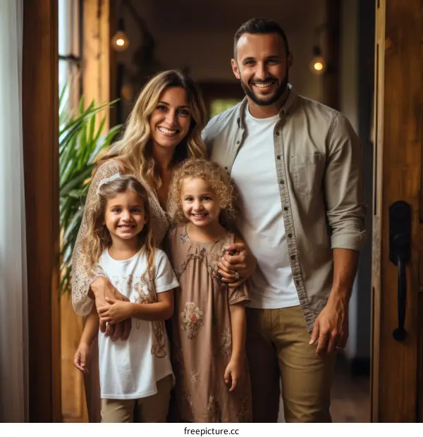 Happy family of four standing in doorway of their home