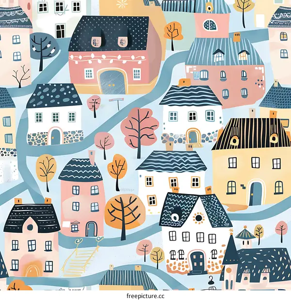 Colorful Illustration of a Small Town with Houses and Trees