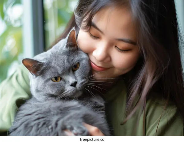 A young woman is hugging a gray cat