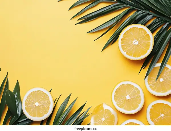 Yellow Background with Lemons and Palm Leaves