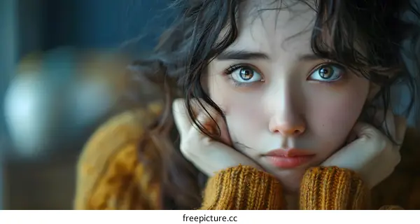 A beautiful young woman with big brown eyes and curly brown hair is wearing a brown sweater.