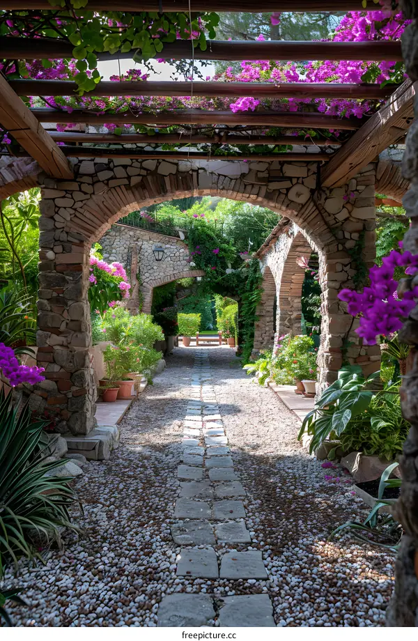 Stone Archway Pathway with Flowers