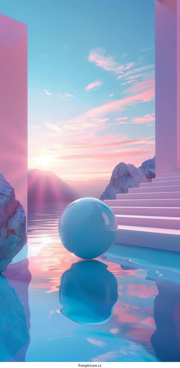 Abstract Blue Sphere Floating on Water with Pink and Blue Background