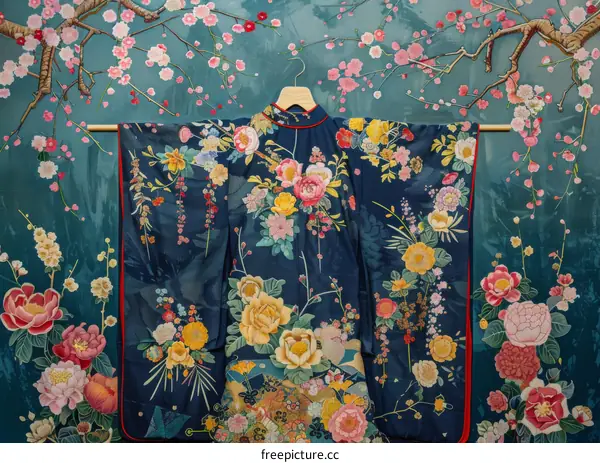 A kimono with a floral pattern is hung against a background of a blue wall with a pink cherry blossom pattern.