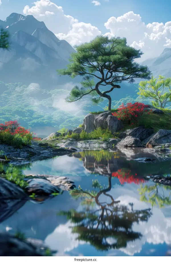 Mountain Lake Scenery with Red Flowers and a Tree