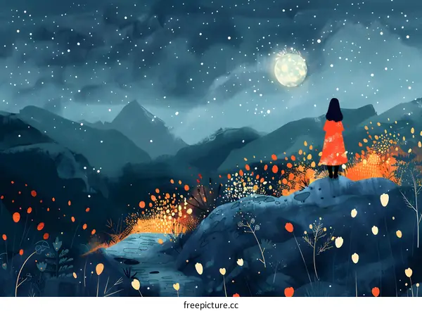 girl in red dress looking at moonlit mountain landscape