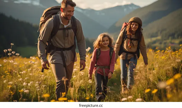 Happy family hiking in a beautiful mountain meadow
