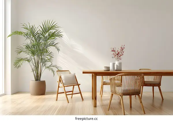 Modern Minimalist Dining Area with Wooden Table and Chairs
