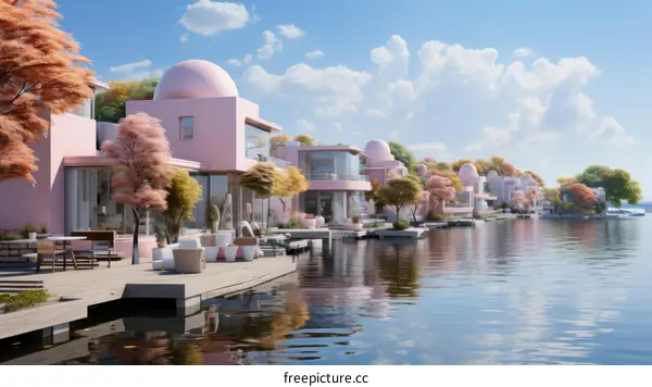 Pink floating house with pink trees