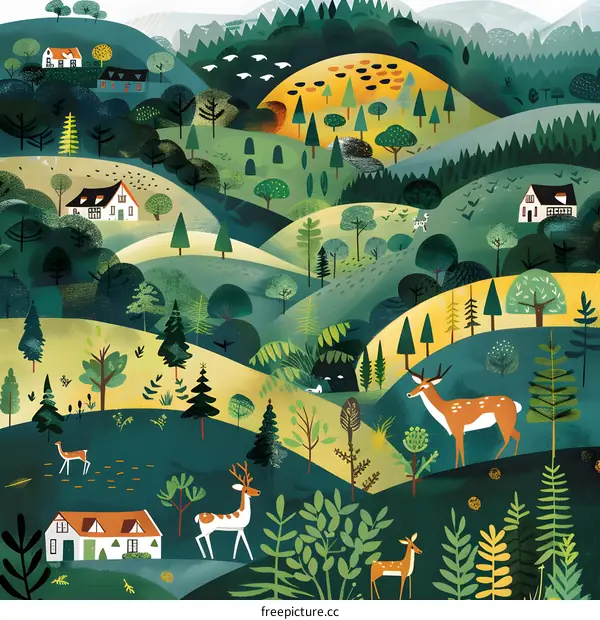 Green Hills Illustration With Deer and Houses