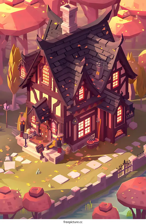 Autumn House with Red Leaves and a Stone Path