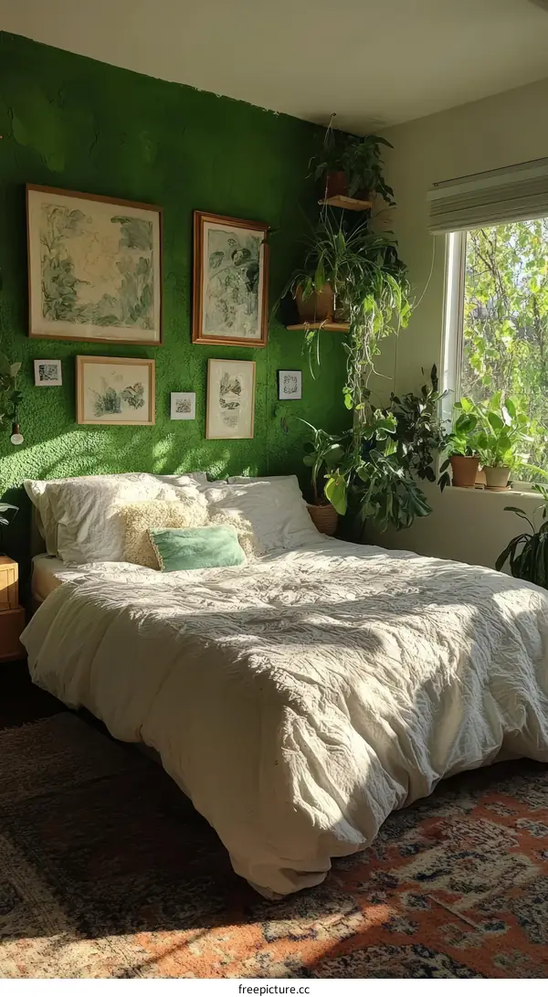 Bohemian Bedroom with Green Walls and Plants