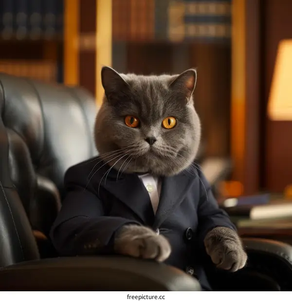 A gray cat wearing a suit is sitting in a leather chair and looking at the camera.