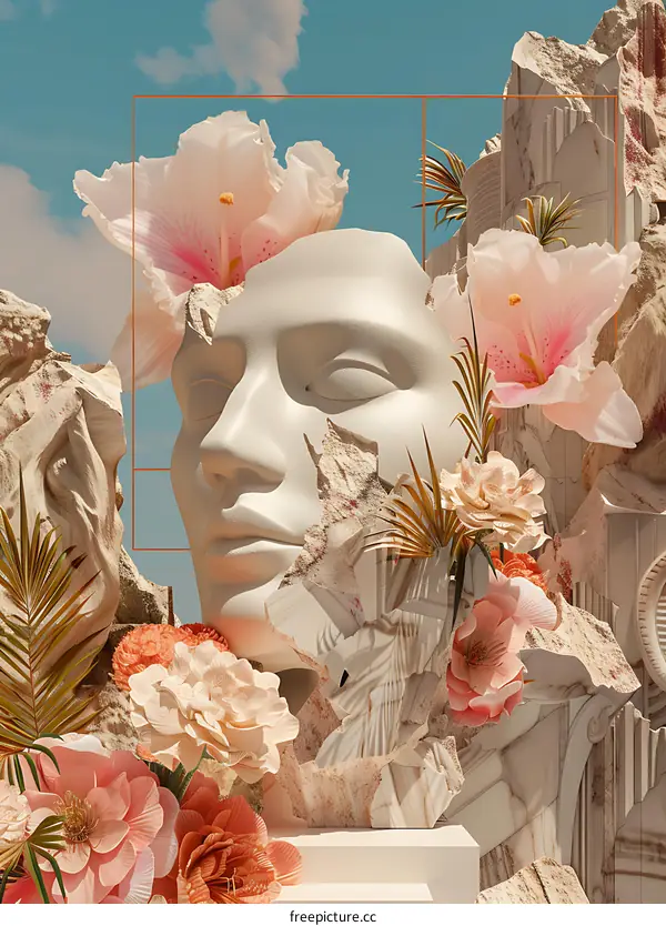 Abstract Statue With Pink Flowers In Front Of Broken Wall