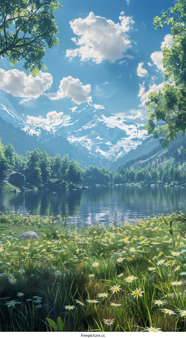 Majestic Mountain Lake with Blooming Flowers