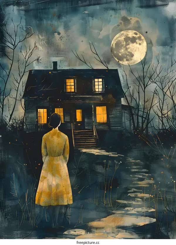A girl standing in front of a haunted house