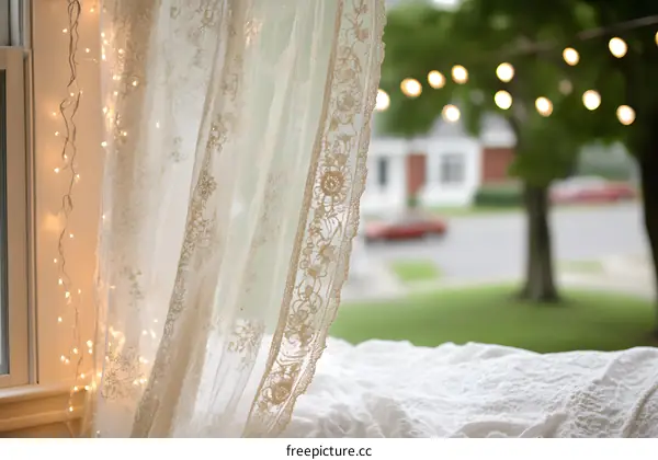 White Lace Curtain With String Lights