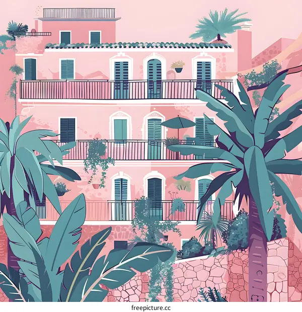Pink Building with Palm Trees