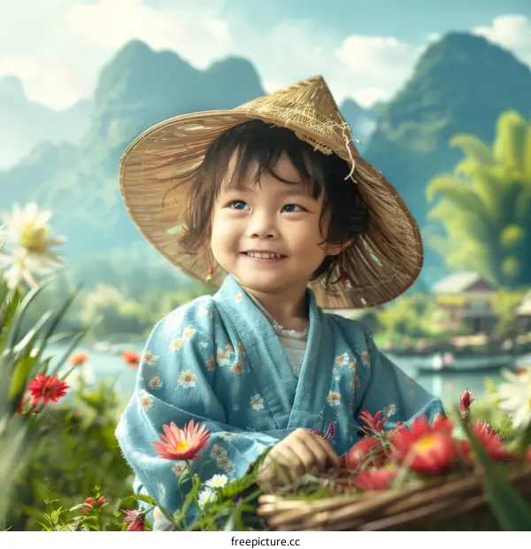 Little girl in a rice field in Vietnam
