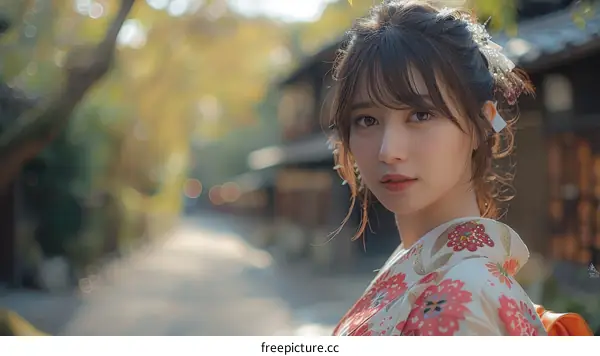 Japanese Woman in Kimono in a Traditional Japanese Setting