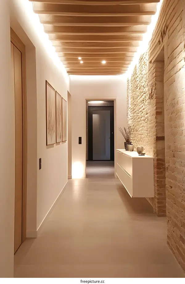 Modern Hallway Interior Design with Brick Wall and Wooden Ceiling