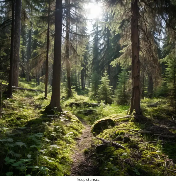 Sunlit Path in a Dense Green Forest