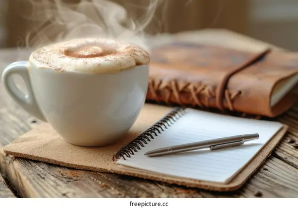 A cup of coffee and a notebook on a wooden table
