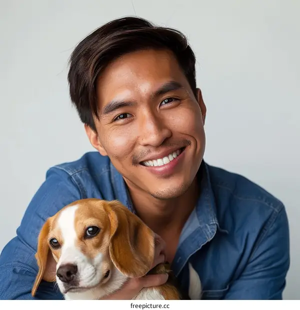 A smiling Asian man with short dark hair and a short beard is hugging a beagle dog.